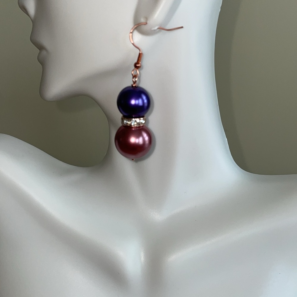 HAND CRAFTED OVERSIZED PIERCED BALL DROP PEARL EARRINGS Rose Gold Purple  Pearls